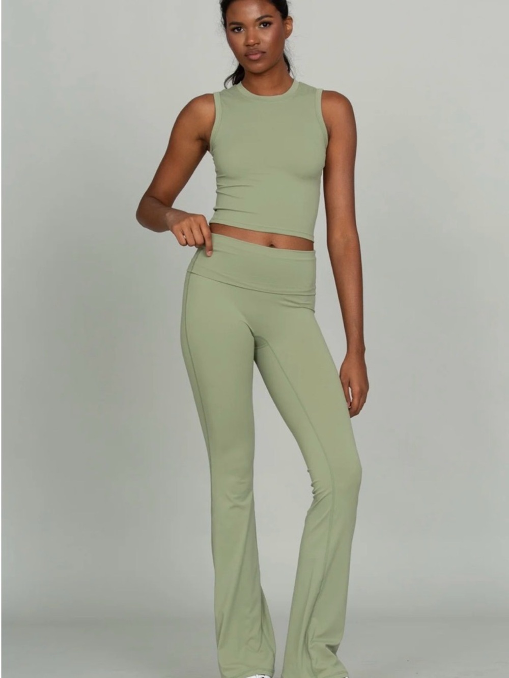 Gold Hinge workout set. High-Rise Flare Pants and Tank top. Sage Green NWT